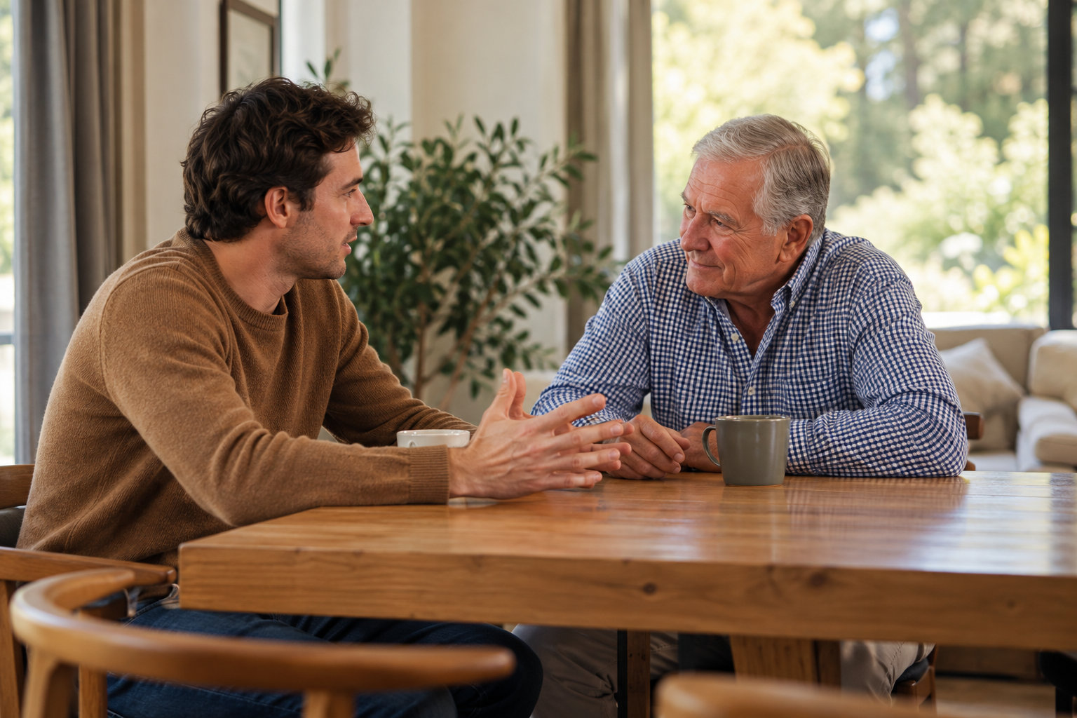 Father and adult son sharing a meaningful conversation about family memories and life stories
